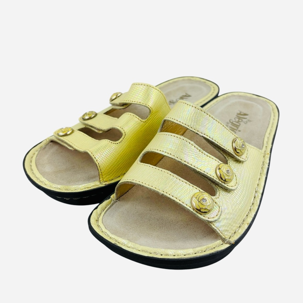 Alegria Fiona Soft Yellow Leather Iridescent Comfort Slip On Sandals 38